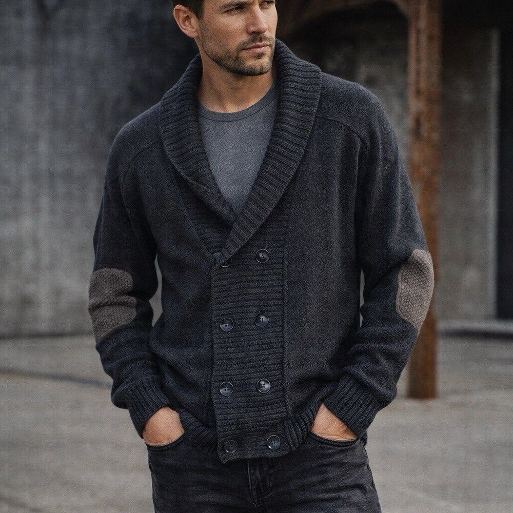 Daniel Buchler Double Breasted Shawl Collar Cardigan M Elbow Pad Preppy Academia
